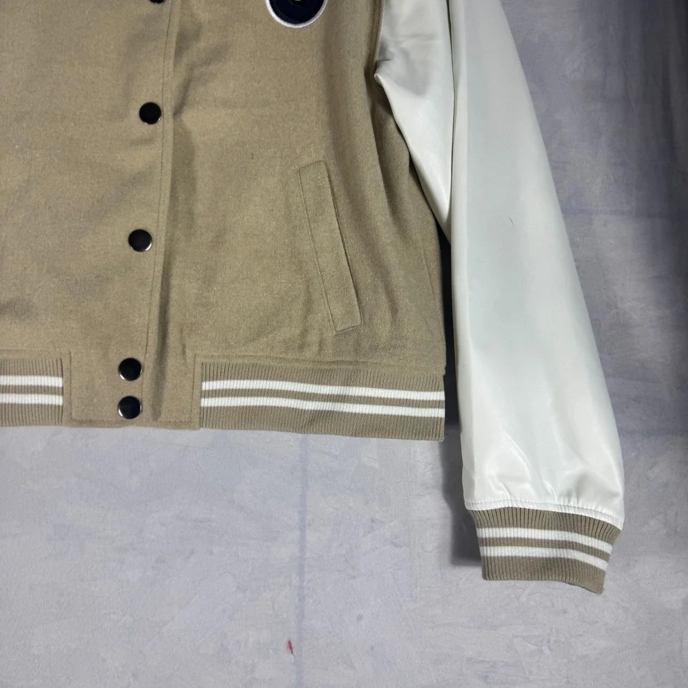 NWT True Religion Mens True Varsity‎ Jacket Beige White Minimal Streetwear XL